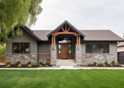 facade of craftsman house with stone walls and wooden doors